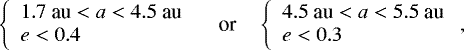 \[ \left\{\begin{array}{ll} 1.7\text{ au} < a < 4.5\text{ au}\\ e<0.4\end{array}\right. \quad\text{or}\quad \left\{\begin{array}{ll} 4.5\text{ au} < a < 5.5\text{ au}\\ e<0.3\end{array}\right., \]