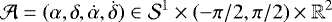 \begin{equation*}\mathcal{A} = (\alpha, \delta, \dot{\alpha}, \dot{\delta}) \in \mathcal{S}^{1} \times (-\pi/2, \pi/2) \times \mathbb{R}^{2} \end{equation*}
