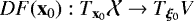 $DF(\mathbf{x}_0): T_{\mathbf{x}_0}\mathcal{X} \rightarrow T_{\bm\xi_0}V$