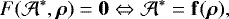 \[ F(\mathcal A^*,\bm\rho)=\bold 0 \Leftrightarrow \mathcal A^*= \bold f(\bm\rho), \]