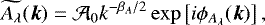 Mathematical equation: \begin{equation*} \widetilde{A_{\lambda}}(\boldsymbol{k})=\mathcal{A}_0k^{-\beta_A/2}\exp\left[i\phi_{A_{\lambda}}(\boldsymbol{k})\right], \end{equation*}