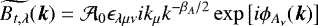Mathematical equation: \begin{equation*}\widetilde{B_{t,\lambda}}(\boldsymbol{k})=\mathcal{A}_0\epsilon_{\lambda\mu\nu}ik_{\mu} k^{-\beta_A/2}\exp\left[i\phi_{A_{\nu}}(\boldsymbol{k})\right] \end{equation*}