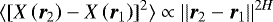 Mathematical equation: $\langle\left[X\left(\boldsymbol{r}_2\right)-X\left(\boldsymbol{r}_1\right)\right]^2\rangle\propto{||}\boldsymbol{r}_2-\boldsymbol{r}_1{||}^{2H}$