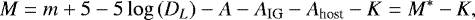 \begin{equation*}M = m + 5 - 5 \log\left(D_L\right) - A - A_{\textrm{IG}} - A_{\textrm{host}} - K = M^* -K ,\end{equation*}