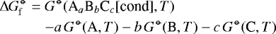 \begin{eqnarray*} {\mathrm{\Delta} G_{\rm\hspace{-0.2ex}f}^{\hspace{0.1ex}{\circ\hspace{-0.86ex}-}}} & = & {G^{\hspace{0.1ex}{\circ\hspace{-0.86ex}-}}}({\textrm{A}_a\textrm{B}_b\textrm{C}_c}[\textrm{cond}],T) \nonumber\\ &&- a\,{G^{\hspace{0.1ex}{\circ\hspace{-0.86ex}-}}}(\textrm{A},T) - b\,{G^{\hspace{0.1ex}{\circ\hspace{-0.86ex}-}}}(\textrm{B},T) - c\,{G^{\hspace{0.1ex}{\circ\hspace{-0.86ex}-}}}(\textrm{C},T)\end{eqnarray*}