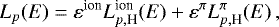 \begin{equation*}L_{p}(E)=\varepsilon^{\textrm{ion}}L_{p,\textrm{H}}^{\textrm{ion}}(E) +\varepsilon^{\pi}L_{p,\textrm{H}}^{\pi}(E)\,, \end{equation*}