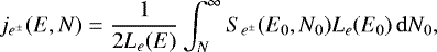 \begin{equation*}j_{e^{\pm}}(E,N)=\frac{1}{2L_{e}(E)}\int_N^{\infty} S_{e^{\pm}}(E_0,N_0)L_{e}(E_0)\,\mathrm{d} N_0, \end{equation*}