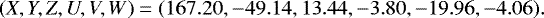\begin{equation*} (X,Y,Z,U,V,W) = (167.20,-49.14,13.44,-3.80,-19.96,-4.06).\end{equation*}