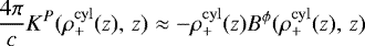 \begin{align*}\frac{4\pi}{c}K^{P}(\rho^{\rm{cyl}}_{+}(z), \,z) \approx -\rho^{\rm{cyl}}_{+}(z)B^{\phi}(\rho^{\rm{cyl}}_{+}(z), \, z) \end{align*}