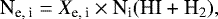 \begin{equation*} \text{N}_{\text{e, i}} = X_{\text{e, i}} \times \text{N}_{\text{i}}(\text{HI + H}_2),\end{equation*}