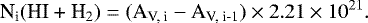 \begin{equation*} \text{N}_{\text{i}}(\text{HI + H}_2) = (\text{A}_{\text{V, i}} - \text{A}_{\text{V, i-1}}) \times 2.21 \times 10^{21}.\end{equation*}