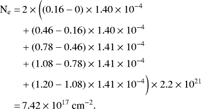 \begin{equation*} \begin{aligned} \text{N}_{\text{e}} =& \, 2 \times \bigg( (0.16 - 0) \times 1.40 \times 10^{-4} \\&+ (0.46 - 0.16) \times 1.40 \times 10^{-4} \\ & + (0.78 - 0.46) \times 1.41 \times 10^{-4} \\& + (1.08 - 0.78) \times 1.41 \times 10^{-4} \\ & + (1.20 - 1.08) \times 1.41 \times 10^{-4} \bigg) \times 2.2 \times 10^{21} \\ =&\, 7.42 \times 10^{17}~\text{cm}^{-2}. \end{aligned} \end{equation*}