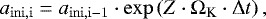 \begin{equation*} a_{\rm{ini,i}} = a_{\rm{ini,i-1}}\cdot\exp\left({Z\cdot\mathrm{\Omega}_{\textrm{K}}\cdot\mathrm{\Delta} t}\right), \end{equation*}