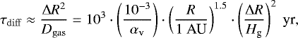 \begin{equation*}\tau_{\rm{diff}} \approx \frac{\mathrm{\Delta} R^2}{D_{\rm{gas}}} = 10^3\cdot\left(\frac{10^{-3}}{\alpha_{\textrm{v}}}\right)\cdot\left(\frac{R}{1\ \textrm{AU}}\right)^{1.5}\cdot\left(\frac{\mathrm{\Delta} R}{H_{\textrm{g}}}\right)^2\ \textrm{yr}, \end{equation*}