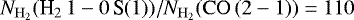 Mathematical equation: $N_{\mathrm{H}_2} {(\textrm{H}_2 \, 1-0 \, \textrm{S}(1))} / N_{\mathrm{H}_2}(\mathrm{CO} \,(2-1)) = 110$