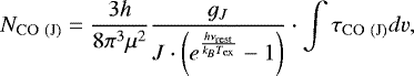 Mathematical equation: \begin{equation*} N_{\mathrm{CO}~ (\mathrm{J})} = \frac{3h}{8\pi^3\mu^2}\frac{g_J}{J\cdot\bigg(e^{\frac{h\nu_{\textrm{rest}}}{k_BT_{\mathrm{ex}}}}-1\bigg)} \cdot \int \tau_{\mathrm{CO}~(\mathrm{J})} dv ,\end{equation*}