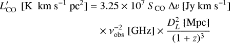 Mathematical equation: \begin{equation*} \begin{split} L'_{\textrm{CO}}~\, [\textrm{K~ km~s}^{-1}~ \textrm{pc}^2] =& ~ 3.25\times10^{7}~S_{\textrm{CO}}~\mathrm{\Delta} v~ [\textrm{Jy~km~s}^{-1}] \\ &\times\nu_{\textrm{obs}}^{-2}~[\textrm{GHz}] \times \frac{D_L^2~[\textrm{Mpc}]}{(1+z)^3} \end{split} \end{equation*}