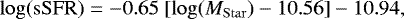 Mathematical equation: \begin{equation*}\mathrm{log}(\mathrm{sSFR})=-0.65 \ [\mathrm{log}(M_{\mathrm{Star}})-10.56]-10.94 , \end{equation*}