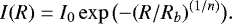 Mathematical equation: \begin{equation*} I(R)=I_{0}\exp{\big({-(R/R_{b})^{(1/n)}}\big)}.\end{equation*}
