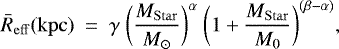 Mathematical equation: \begin{equation*} \bar{R}_{\mathrm{eff}}(\mathrm{kpc}) \ = \ \gamma \ \bigg( \frac{M_{\mathrm{Star}}}{M_{\odot}} \bigg)^{\alpha} \ \bigg(1+\frac{M_{\mathrm{Star}}}{M_{0}} \bigg)^{(\beta - \alpha)},\end{equation*}