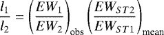 Mathematical equation: \begin{equation*} \frac{l_1}{l_2}=\left(\frac{EW_1}{EW_2}\right)_{\textrm{obs}}\left(\frac{EW_{ST2}}{EW_{ST1}}\right)_{\textrm{mean}} \end{equation*}