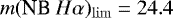 Mathematical equation: $m(\textrm{NB}\ H\alpha)_{\mathrm{lim}}= 24.4$