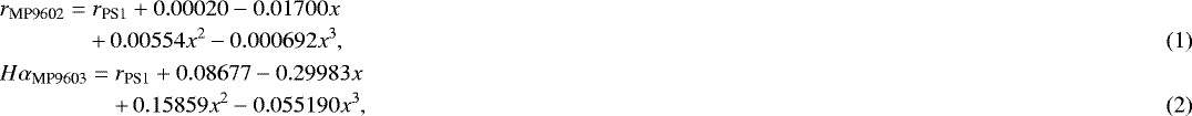 Mathematical equation: \begin{eqnarray} &&r_{\textrm{MP9602}} = r_{\textrm{PS1}} +0.00020-0.01700 x \nonumber\\* &&\qquad \qquad +\,0.00554 x^2 -0.000692 x^3,\\* && H\alpha_{\textrm{MP9603}} = r_{\textrm{PS1}} +0.08677-0.29983 x \nonumber\\* &&\qquad \qquad\quad +\,0.15859 x^2 -0.055190 x^3,\end{eqnarray}