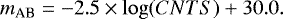 Mathematical equation: \begin{equation*} m_{\textrm{AB}} = -2.5 \times \log({ CNTS}) + 30.0 .\end{equation*}