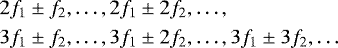 \begin{align*} &2f_1 \pm f_2,\ldots,2f_1 \pm 2f_2,\ldots, \\ &3f_1 \pm f_2,\ldots,3f_1 \pm 2f_2,\ldots,3f_1\pm 3f_2,\ldots \end{align*}