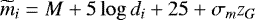 Mathematical equation: \begin{equation*} \widetilde{m}_{i} = M + 5 \log d_{i} + 25 + \sigma_{m} z_{G}\end{equation*}