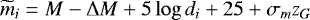 Mathematical equation: \begin{equation*} \widetilde{m}_{i} = M - \mathrm{\Delta} M + 5 \log d_{i} + 25 + \sigma_{m} z_{G} \end{equation*}