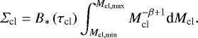 \begin{equation*} \Sigma_{\textrm{cl}}=B_{*} \left(\tau_{\textrm{cl}}\right) \int_{M_{\textrm{cl}, {\textrm{min}}}}^{M_{\textrm{cl}, {\textrm{max}}}} M_{\textrm{cl}}^{-\beta+1} {\textrm{d}}M_{\textrm{cl}}.\vspace*{-4pt}\end{equation*}
