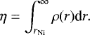 Mathematical equation: \begin{equation*} \eta = \int_{r_{\rm{Ni}}}^{\infty} \rho(r) \textrm{d}r. \vspace*{-1pt}\end{equation*}