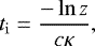 Mathematical equation: \begin{equation*} t_{\rm{i}} = \frac{ -\ln{z}}{c\kappa}, \vspace*{-1pt}\end{equation*}