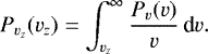Mathematical equation: \begin{equation*} P_{v_z}(v_z)=\int_{v_z}^{\infty} \frac{P_v(v)}{v} \, \textrm{d}v. \end{equation*}