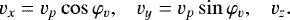 Mathematical equation: \begin{equation*} v_x=v_p \cos \varphi_v, \;\;\; v_y= v_p \sin {\varphi_v}, \;\;\; v_z. \end{equation*}