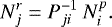 Mathematical equation: \begin{equation*} N^r_{j}=P^{-1}_{ji} \: N^p_{i}. \end{equation*}