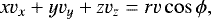 Mathematical equation: \begin{equation*} x v_x + y v_y + z v_z=r v \cos \phi, \end{equation*}