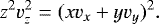 Mathematical equation: \begin{equation*} z^2 v_z^2=(x v_x + y v_y)^2.\end{equation*}