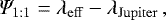 Mathematical equation: \begin{equation*}\Psi_{\mathrm{1:1}} = \lambda_{\mathrm{eff}} - \lambda_{\mathrm{Jupiter}} \,,\vspace*{-3pt} \end{equation*}