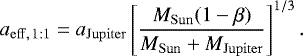 Mathematical equation: \begin{equation*}a_{\mathrm{eff,\, 1:1}} = a_{\mathrm{Jupiter}} \left[\frac{M_{\mathrm{Sun}}(1-\beta)}{M_{\mathrm{Sun}}+M_{\mathrm{Jupiter}}}\right]^{1/3}. \end{equation*}