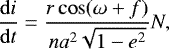 Mathematical equation: \begin{equation*}\frac{\mathrm{d}i}{\mathrm{d}t} = \frac{r\cos(\omega+f)}{na^2\sqrt{1-e^2}}N, \end{equation*}