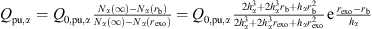 Mathematical equation: $$ \begin{array}{l}{Q}_{\mathrm{pu},\alpha }={Q}_{0,\mathrm{pu},\alpha }\frac{{N}_{\alpha }\left(\mathrm{\infty }\right)-{N}_{\alpha }({r}_{\mathrm{b}})}{{N}_{\alpha }\left(\mathrm{\infty }\right)-{N}_{\alpha }({r}_{\mathrm{exo}})}={\mathrm{Q}}_{0,\mathrm{pu},\alpha }\frac{{2h}_{\alpha }^3+{2h}_{\alpha }^3{r}_{\mathrm{b}}+{h}_{\alpha }{r}_{\mathrm{b}}^2}{{2h}_{\alpha }^3+{2h}_{\alpha }^3{r}_{\mathrm{exo}}+{h}_{\alpha }{r}_{\mathrm{exo}}^2}\mathrm{e}\frac{{r}_{\mathrm{exo}}-{r}_{\mathrm{b}}}{{h}_{\alpha }}\\ \end{array} $$