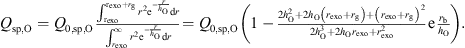 Mathematical equation: $$ \begin{array}{l}{Q}_{\mathrm{sp},\mathrm{O}}={Q}_{0,\mathrm{sp},\mathrm{O}}\frac{\underset{{\mathrm{r}}_{\mathrm{exo}}}{\overset{{\mathrm{r}}_{\mathrm{exo}}+{r}_{\mathrm{g}}}{\int }}{r}^2{\mathrm{e}}^{-\frac{r}{{h}_{\mathrm{O}}}}\mathrm{d}r}{\underset{{r}_{\mathrm{exo}}}{\overset{\mathrm{\infty }}{\int }}{r}^2{\mathrm{e}}^{-\frac{r}{{h}_{\mathrm{O}}}}\mathrm{d}r}{=Q}_{0,\mathrm{sp},\mathrm{O}}\left(1-\frac{{2h}_{\mathrm{O}}^2+2{h}_{\mathrm{O}}\left({r}_{\mathrm{exo}}+{r}_{\mathrm{g}}\right)+{\left({r}_{\mathrm{exo}}+{r}_{\mathrm{g}}\right)}^2}{{2h}_{\mathrm{O}}^3+2{h}_{\mathrm{O}}{r}_{\mathrm{exo}}+{r}_{\mathrm{exo}}^2}\mathrm{e}\frac{{r}_{\mathrm{b}}}{{h}_{\mathrm{O}}}\right).\\ \end{array} $$