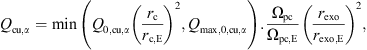 Mathematical equation: $$ {Q}_{\mathrm{cu},\alpha }=\mathrm{min}\left({Q}_{0,\mathrm{cu},\alpha }{\left(\frac{{r}_{\mathrm{c}}}{{r}_{\mathrm{c},\mathrm{E}}}\right)}^2,{Q}_{\mathrm{max},0,\mathrm{cu},\alpha }\right).\frac{{\mathrm{\Omega }}_{\mathrm{pc}}}{{\mathrm{\Omega }}_{\mathrm{pc},\mathrm{E}}}{\left(\frac{{r}_{\mathrm{exo}}}{{r}_{\mathrm{exo},\mathrm{E}}}\right)}^2, $$