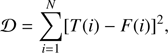 Mathematical equation: $$ \mathcal{D}=\sum_{i=1}^{\mathrm{N}}[T(i)-F(i){]}^2, $$