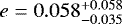 Mathematical equation: $e = 0.058^{+0.058}_{-0.035}$