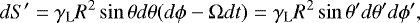 \begin{equation*}dS' = \gamma_{\text{L}} R^2 \sin\theta d\theta (d\phi - \mathrm{\Omega} dt) = \gamma_{\text{L}} R^2 \sin\theta' d\theta' d\phi', \end{equation*}