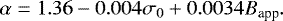 \begin{equation*} \alpha=1.36-0.004\sigma_0+0.0034B_{\textrm{app}}. \end{equation*}
