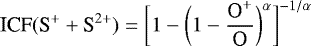 Mathematical equation: \begin{equation*} \textrm{ICF}(\textrm{S}^{+} + \textrm{S}^{2+}) = \bigg[1 - \bigg(1 - \frac{\textrm{O}^{+}}{\textrm{O}}\bigg)^{\alpha}\bigg]^{-1/\alpha}\end{equation*}